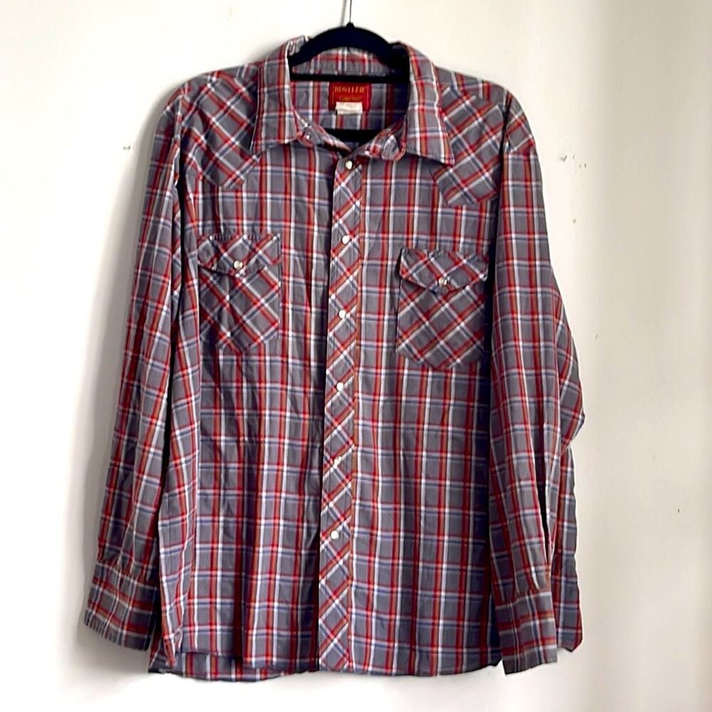 Vintage Rustler X-Long Tails western rodeo plaid pearl snap button up shirt